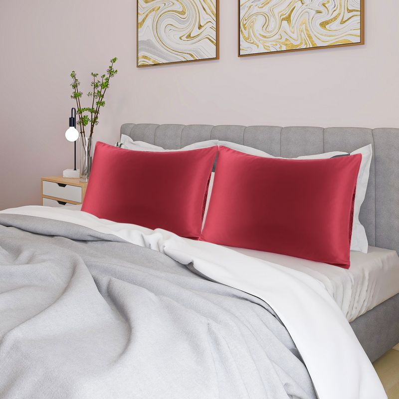 PiccoCasa Silky Satin Soft Breathable Envelope Closure Pillowcases 2 Pcs Burgundy 20"x26"