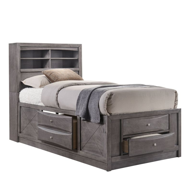 Picket House Furnishings Twin Madison Storage Bed Gray: Bedroom Furniture with Built-In Headboard Storage, Lacquered Finish
