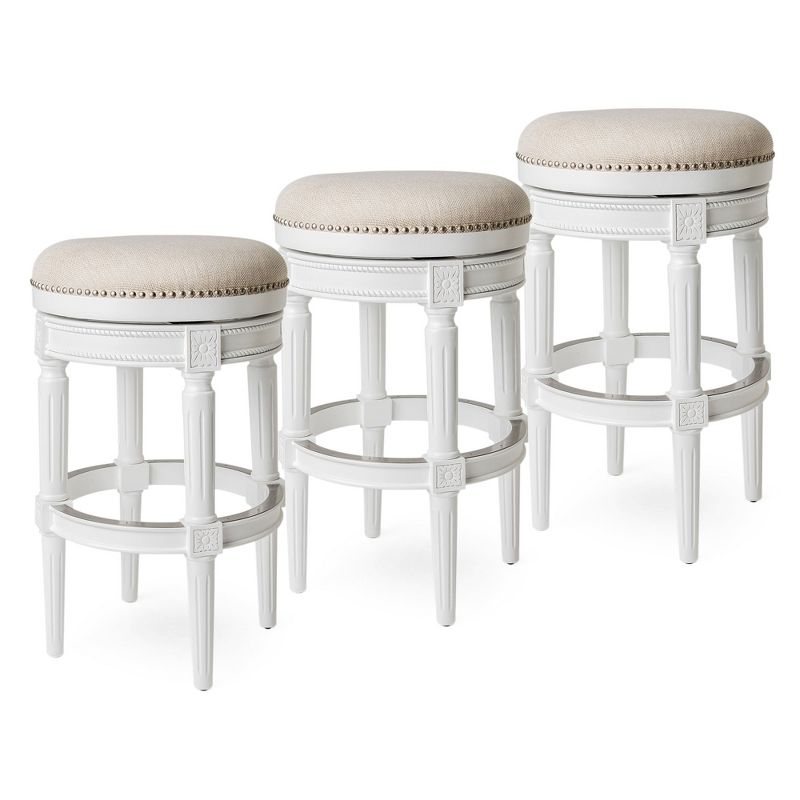 Maven Lane Pullman 31 Inch Tall Backless Alabaster White Finish Bar Height Upholstered Barstool with Cream Fabric Cushion Seat, Set of 3