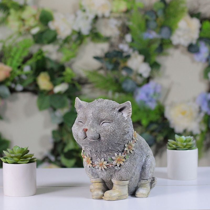 Roman 7.75" Gray and White Outdoor Pudgy Cat in Rain Boots Garden Statue