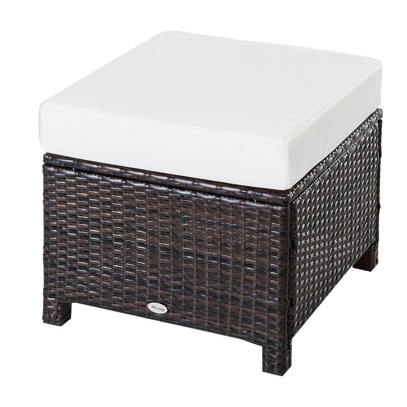 Outsunny 20" Outdoor Ottoman, PE Plastic Rattan Wicker, Fade-Resistant Patio Footrest with Soft Cushion, Steel Frame, Dark Brown, Cream White