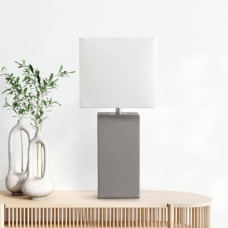 Leather Table Lamp with Fabric Shade Gray - Elegant Designs: UL Listed, Modern Decor, Cotton Rectangle Shade