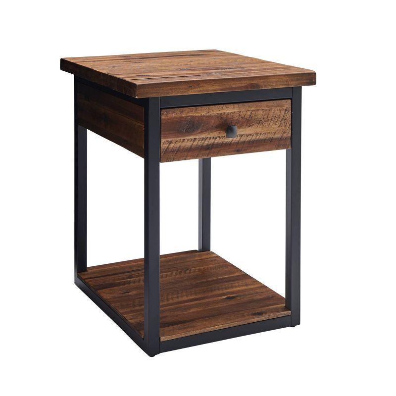Claremont Rustic Wood End Table with Drawer and Low Shelf Dark Brown - Alaterre Furniture: Steel Frame, Acacia Top, Spot Clean