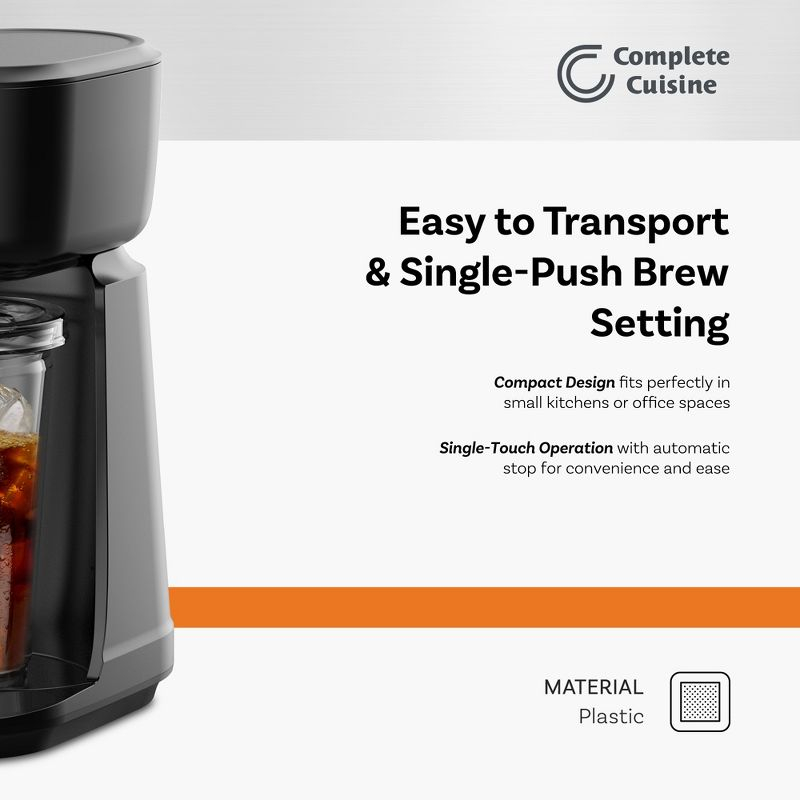 Complete Cuisine Single Serve Coffee Maker, Hot and Iced Brewer with Travel Cup, Straw, Reusable Filter, and Quick Brew Function, Black