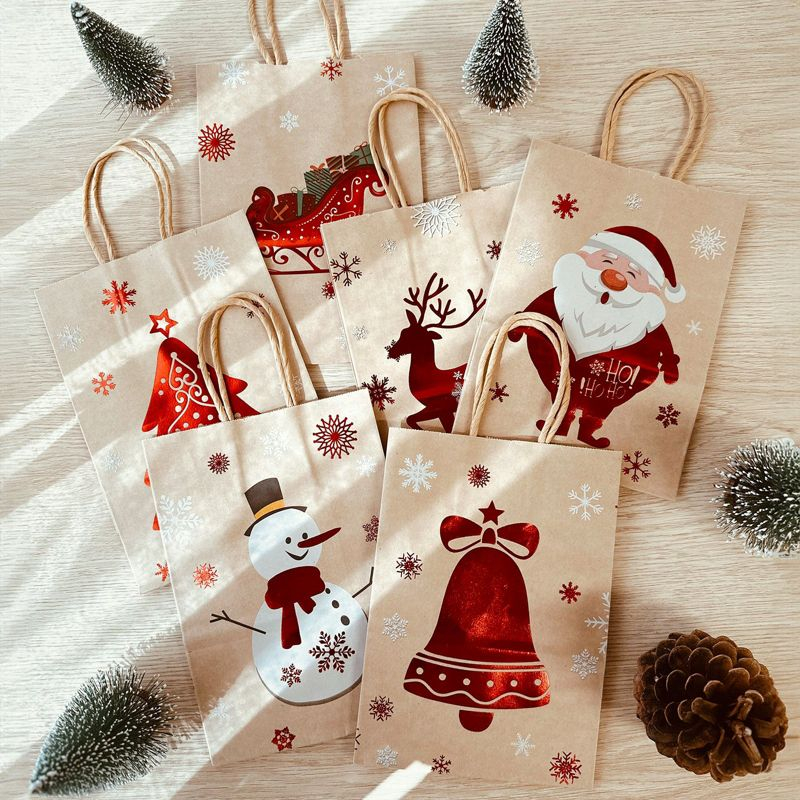 Wrapables 12pc Christmas Kraft Gift Bags with Tissue Paper Festive Red 12pc