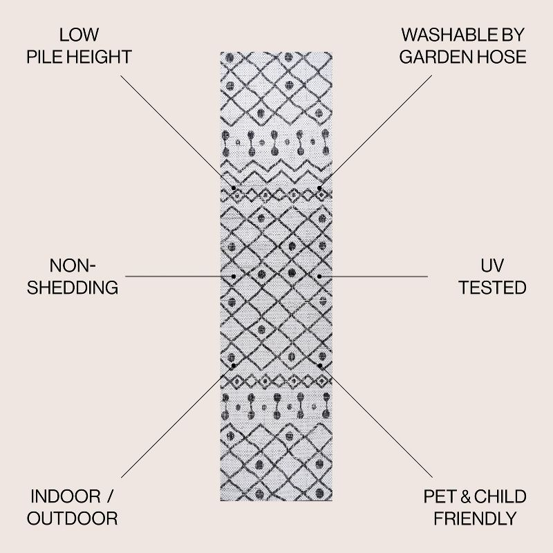 2'x10' Nokat Modern Bohemian Styled Indoor/Outdoor Runner Rug, Ivory/Black - JONATHAN Y