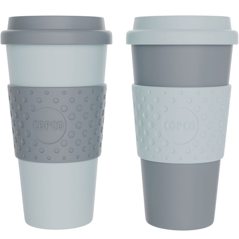 Copco Acadia To Go Mug Set of 2, 16 Ounce Reusable Coffee Cups with Lids, Durable & BPA-Free, Travel Mugs Double-Wall Insulation, Aqua & Gray