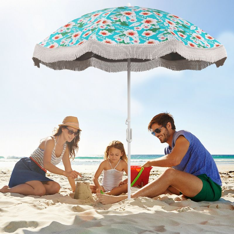 Tangkula 6.5 FT Beach Umbrella w/ Fringe Tassel Umbrella w/ Push Button Tilt Sand Anchor Green