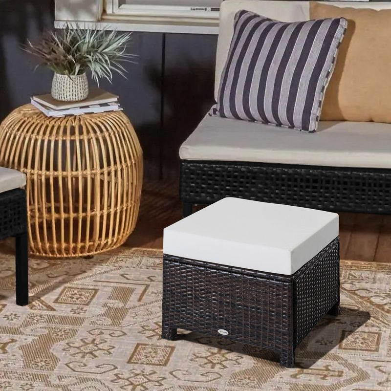 Outsunny 20" Outdoor Ottoman, PE Plastic Rattan Wicker, Fade-Resistant Patio Footrest with Soft Cushion, Steel Frame, Dark Brown, Cream White