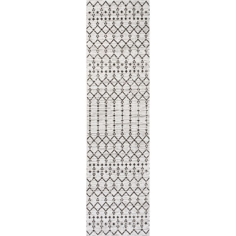 2' x 10' Ourika Moroccan Geometric Textured Weave Indoor/Outdoor Runner Rug, Cream/Black - JONATHAN Y