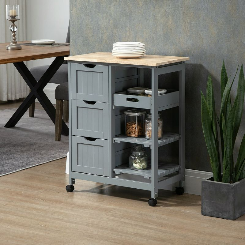 HOMCOM Rolling Kitchen Island Cart, Bar Serving Cart, Compact Trolley on Wheels with Wood Top, Shelves & Drawers for Home Dining Area, Gray