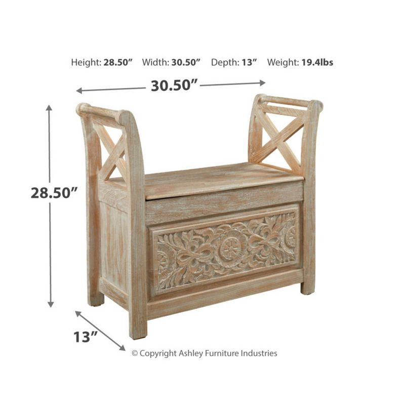 Fossil Ridge Accent Bench Whitewash - Signature Design by Ashley: Modern Storage Ottoman, Entryway Furniture