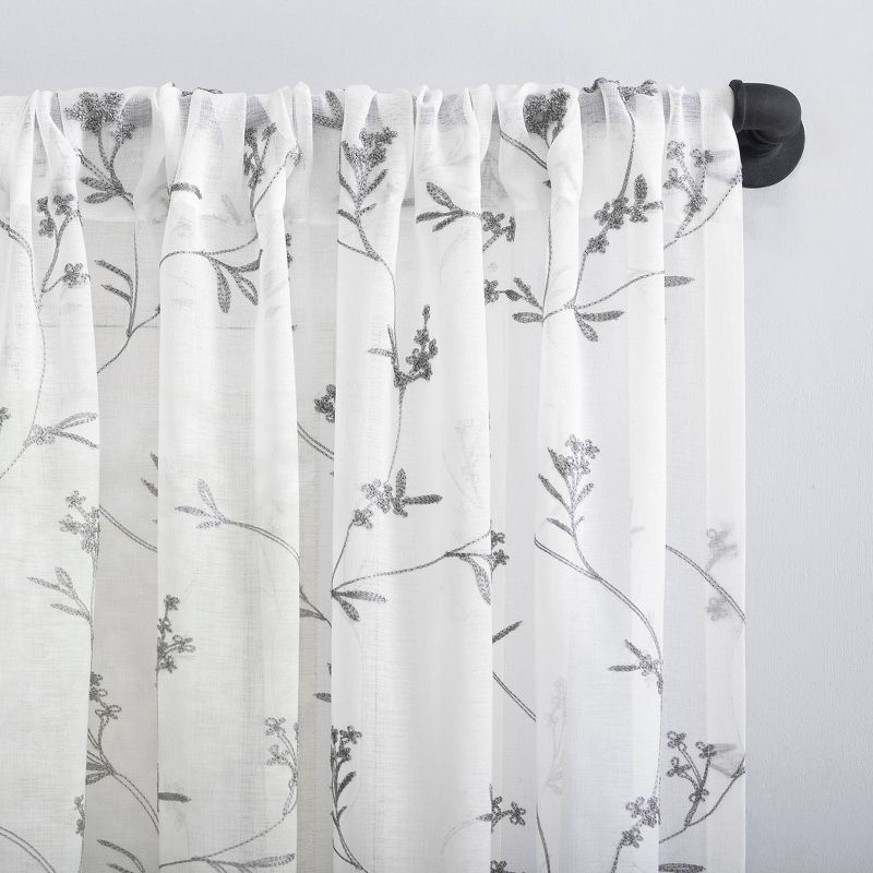 84"x50" Delia Embroidered Floral Sheer Rod Pocket Curtain Panel White - No. 918: Modern Botanical Indoor Curtain