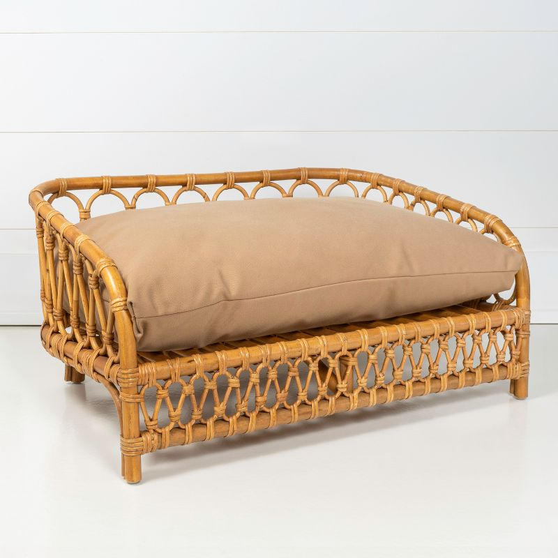 Elevated 27.5" x 17" Bohemian Handwoven Rattan Dog Daybed with Machine-Washable Cushion, Natural
