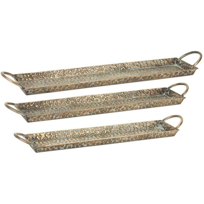 Hammered Metal Tray with Washed Finish and Handles (Set of 3)