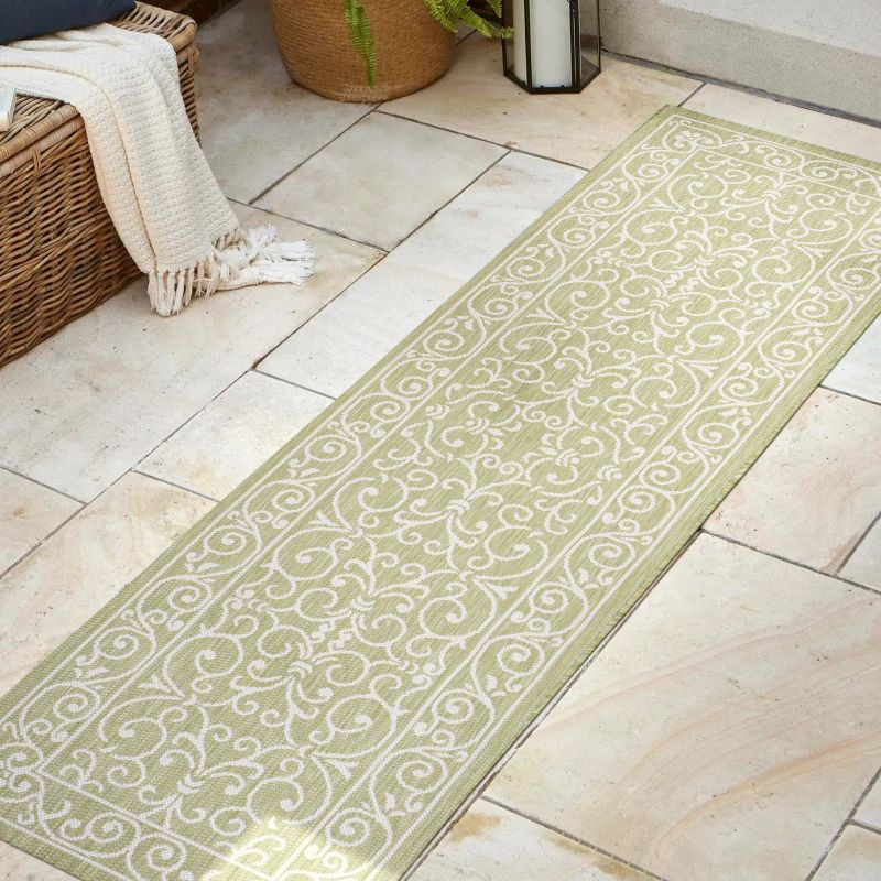 2' x 8' Charleston Vintage Filigree Textured Weave Indoor/Outdoor Runner Rug, Green/Cream - JONATHAN Y