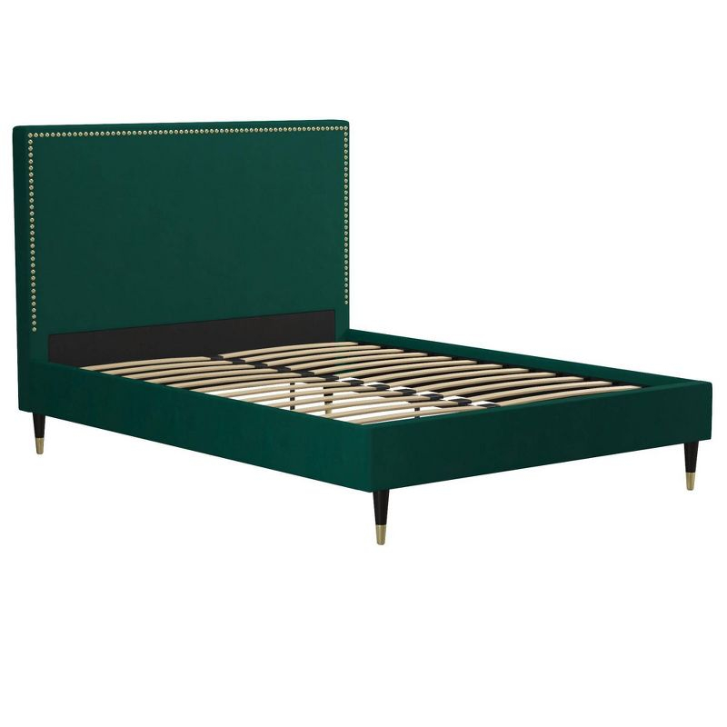 CosmoLiving by Cosmopolitan Queen Audrey Velvet Upholstered Bed Emerald Green: Luxury Glam Style, No Box Spring Needed