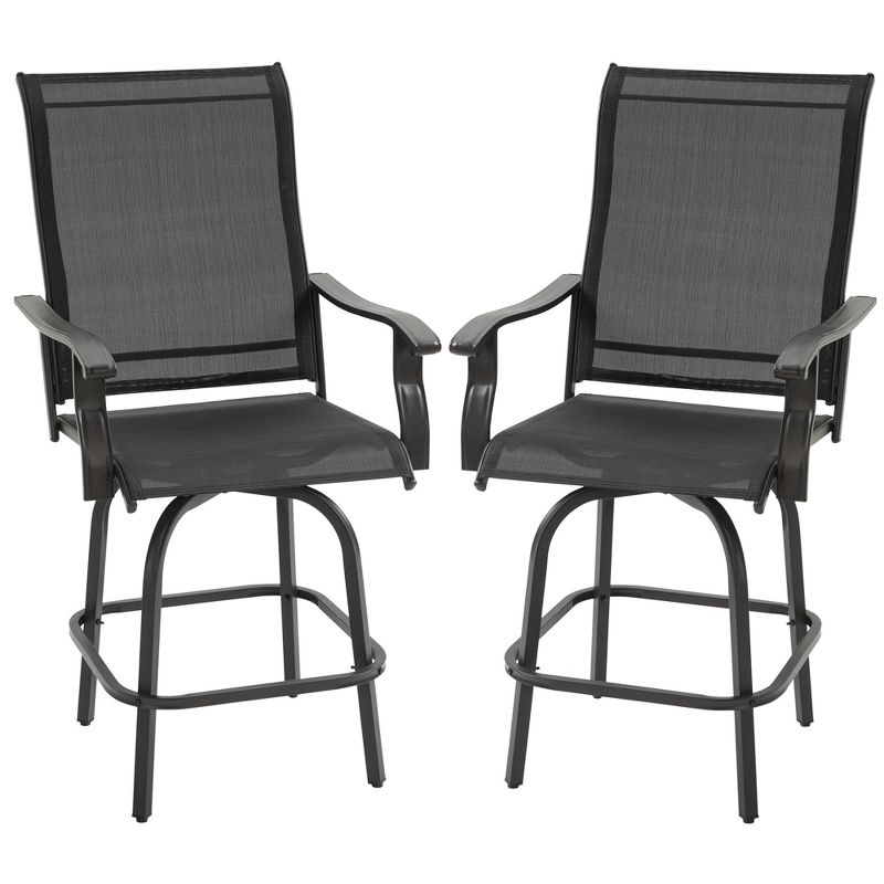 Outsunny Set of 2 Outdoor Swivel Bar Stools with Armrests, Bar Height Patio Chairs with Steel Frame for Balcony, Poolside, Backyard, Black