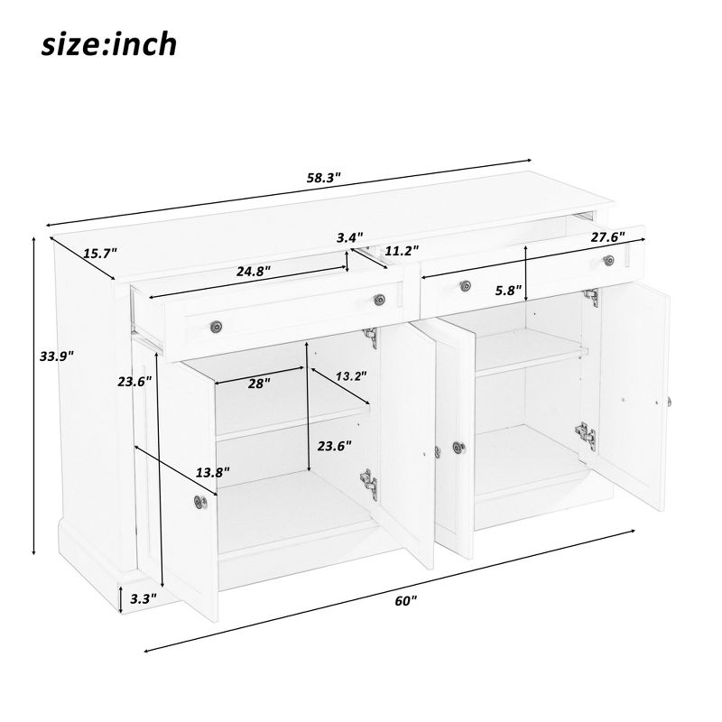 Sideboard Storage Buffet Cabinet with 2 Drawers & 4 Doors Adjustable Shelves, White-ModernLuxe
