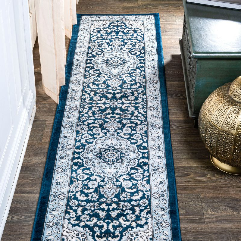 2'x 8' Palmette Modern Persian Floral Runner Rug, Navy/Blue - JONATHAN Y