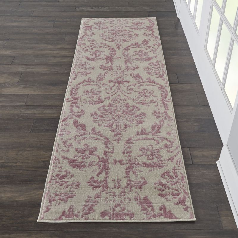 Nourison Jubilant 2'3" x 7'3" (7' Runner) Ivory/Pink Area Rug Farmhouse Vintage Damask by Nourison