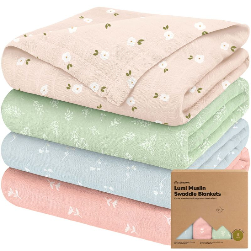 KeaBabies 4pk Muslin Swaddle Blankets for Baby Boys, Girls - Organic Baby Blankets, Swaddles for Newborns (Bloom)
