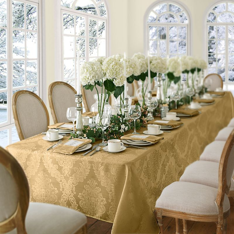 Barcelona Jacquard Damask Stain Resistant Tablecloth - 60" x 144" Rectangle - Gold - Elrene Home Fashions
