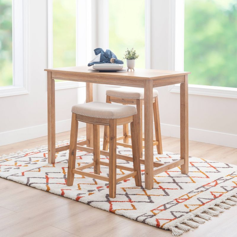 3pc Claridge Backless Stools Counter Height Dining Set Natural - Linon: Rustic Acacia Wood, Linen Upholstery