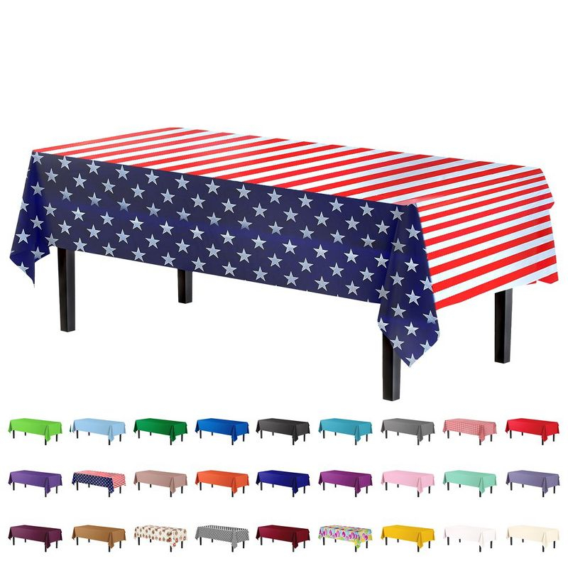 Crown Display 54 Inch. X 108 Inch. Patriotic Printed Plastic Table Cover- Stars & Strips-12 Pack