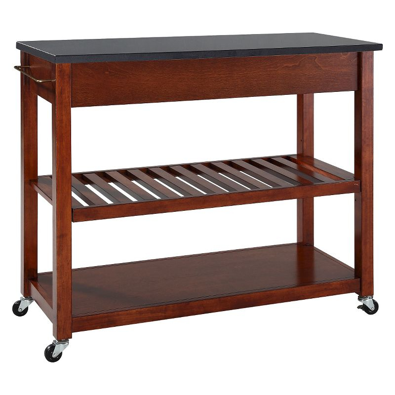 Crosley Solid Black Granite Top Kitchen Cart/Island with Optional Stool Storage Classic Cherry: Modern Rolling Furniture with Storage, 2 Shelves