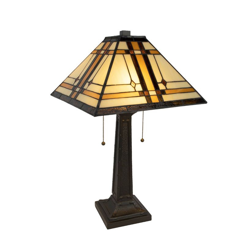 Tiffany Style Table Lamp-Mission Design Art Glass (Includes LED Light Bulb) Black: Stained Glass Desk Task Lamp, Metal Base, Inline Switch