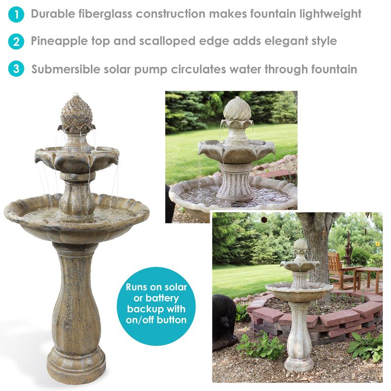 Sunnydaze Outdoor 2-Tier Pineapple Solar Powered Water Fountain with Battery Backup and Submersible Pump - 46" - Earth Finish