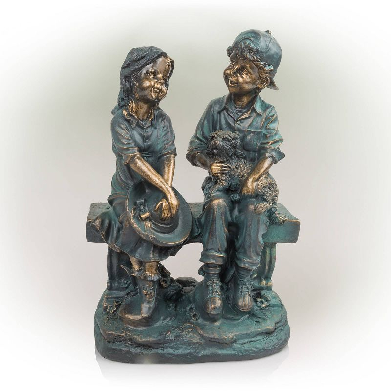 Alpine Corporation 16" Polyresin Girl and Boy with Dog Sitting on Bench Sculpture Bronze: Durable Outdoor Decor, Magnesium Oxide, Rust-Resistant