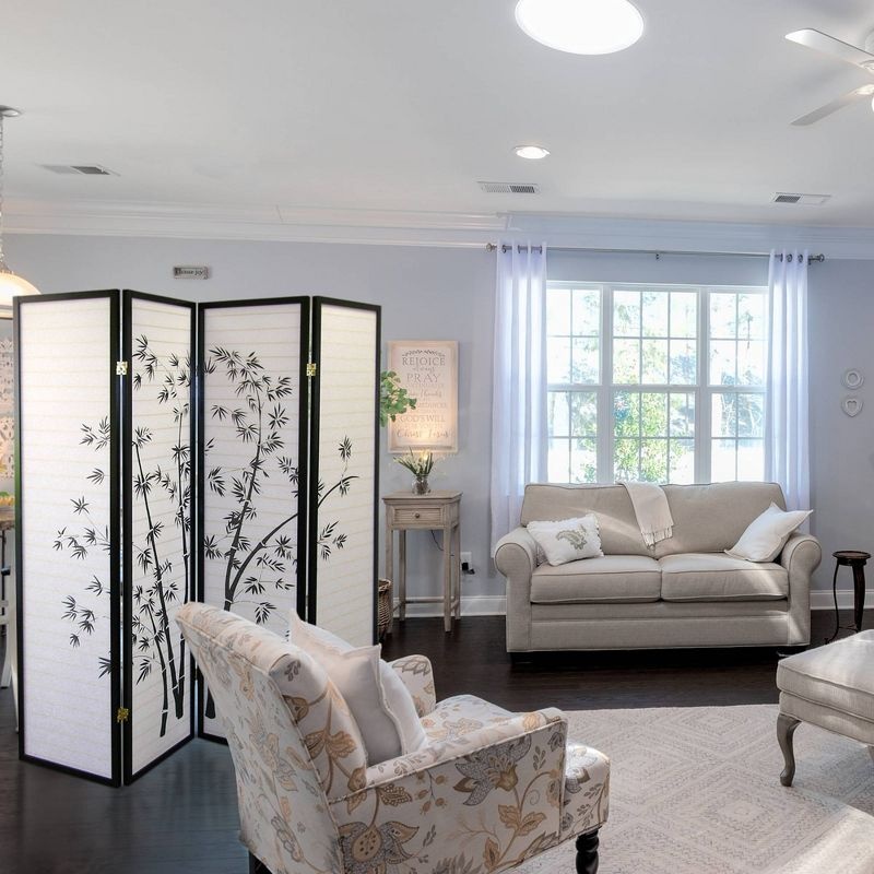 4 Panel Room Divider Bamboo - Ore International: Hardwood Spruce Frame, Botanical Floral Tree Design, No Assembly Required