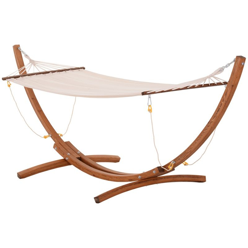 Outsunny Outdoor Hammock with Stand, Heavy Duty Wooden Frame, No Tree Needed, Indoor Outside Boho Style Nap Bed, Natural Cotton, White