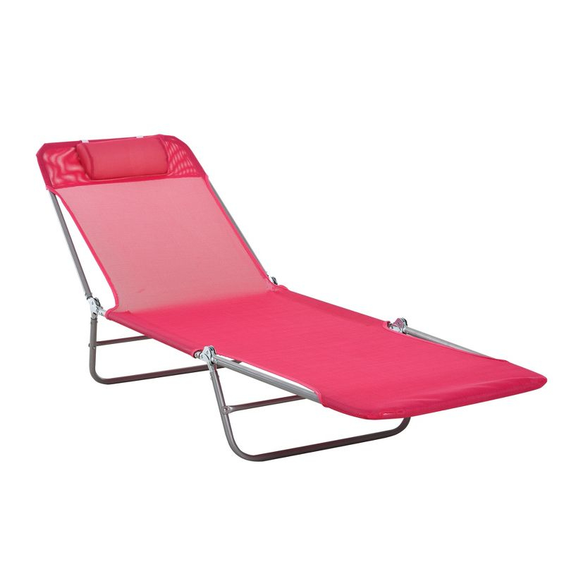 Outsunny Foldable Outdoor Chaise Lounge Chair, 5-Level Reclining Camping Tanning Chair with Breathable Mesh Fabric and Headrest, Pink