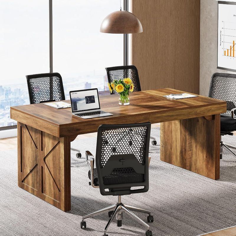 Tribesigns 63-Inch Executive Computer Desk, Industrial Writing Table with Solid Wooden Base for Home Office, Brown
