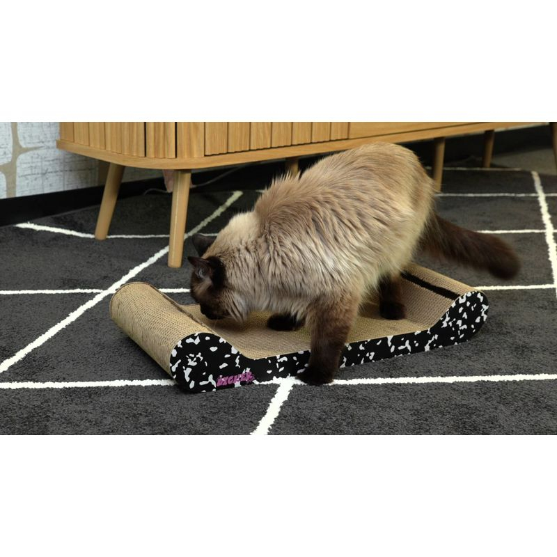 THE LICKER STORE Rini 23.75" Modern Cardboard Lounge Bed Cat Scratcher with Built-In Bell Toys and Catnip, Black/White