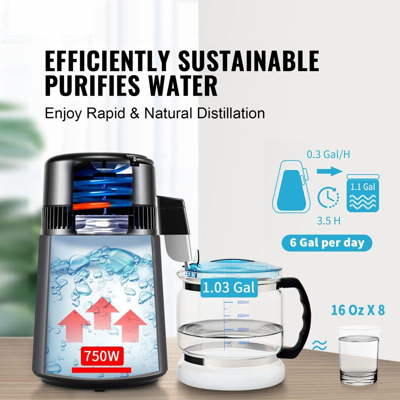 VEVOR Water Distiller, 4L 1.05 Gallon Pure Water Purifier Filter For Home Countertop, 750W Distilled Water Maker, Stainless Steel Interior Distiller