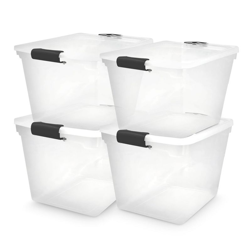 Homz 31 Quart Secured Seal Latch Extra Large Single Clear Stackable Storage Container Tote with Grey Handles for Home, Garage, or Basement, 4 Count