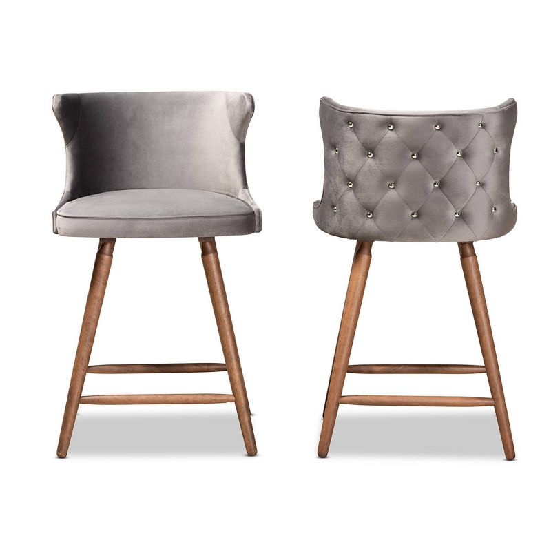 2pc Sagira Velvet & Wood Counter Height Barstool Set with Footrest - Baxton Studio