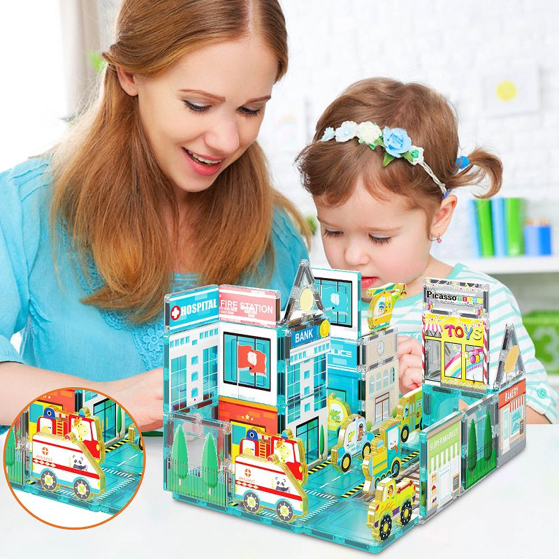 Picasso-TILES 8 PC Metro City Vehicle Themed, Magnetic Tiles, Building Blocks, STEM Toys for Kids 3+