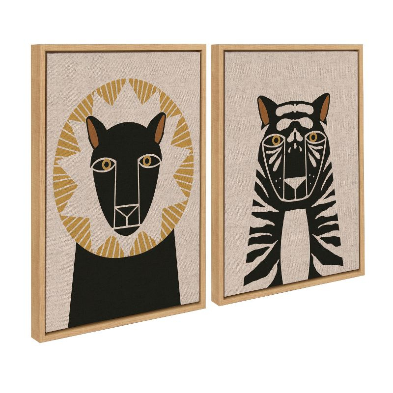 Kate and Laurel Sylvie Lion Profile Neutral Linen and Tiger Profile Neutral Linen Framed Canvas Art Set by Hannah Beisang