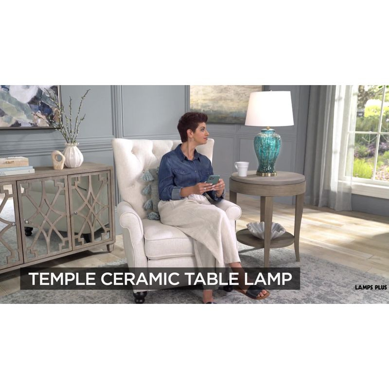 Possini Euro Design Asian Inspired Table Lamp 27" Tall Ceramic Teal Glaze Patterned Temple Jar White Empire Shade for Living Room (Colors May Vary)