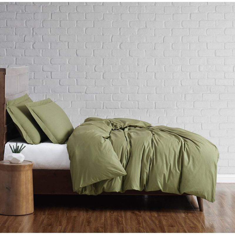 Brooklyn Loom 3pc Full/Queen Solid Cotton Percale Duvet Set Olive Green: 200 Thread Count, Includes 2 Shams