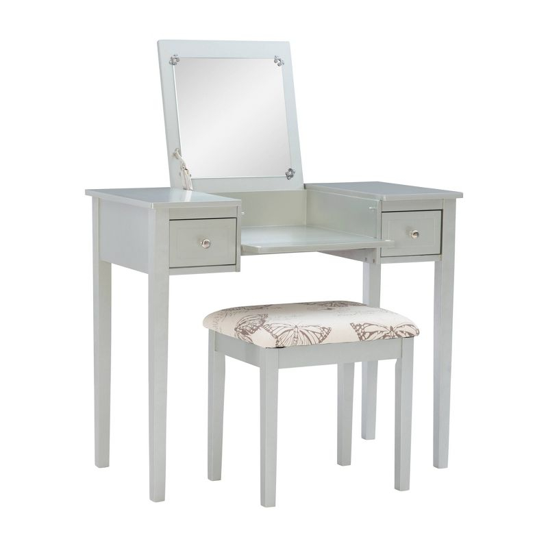 Traditional Wood Flip Up Mirror Drop Drawer Butterfly Vanity and Stool Silver - Linon