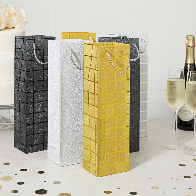 Juvale 6 Pack Foiled Glitter Wine Bottle Gift Bags with Handles for Holidays, New Years, Birthdays, Silver, Black, Gold, 3.8 x 14 x 3.3 n