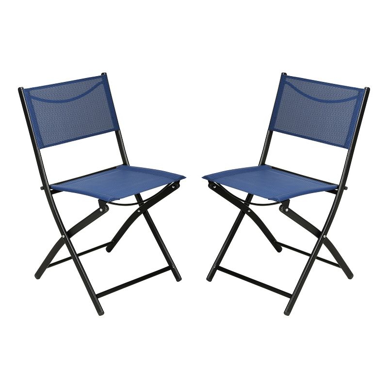 Emma and Oliver Set of 2 Folding Chairs for Indoor/Outdoor Use with Navy Flex Comfort Material and Black Steel Frames