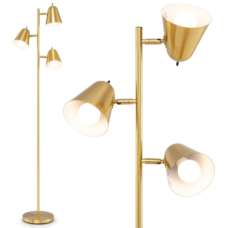 Tangkula 64" Mid Century Modern Floor Lamp 3 Light Tree, Standing Tall Pole Lamp w/ 3 LED Bulbs & Adjustable Heads (Antique Brass)