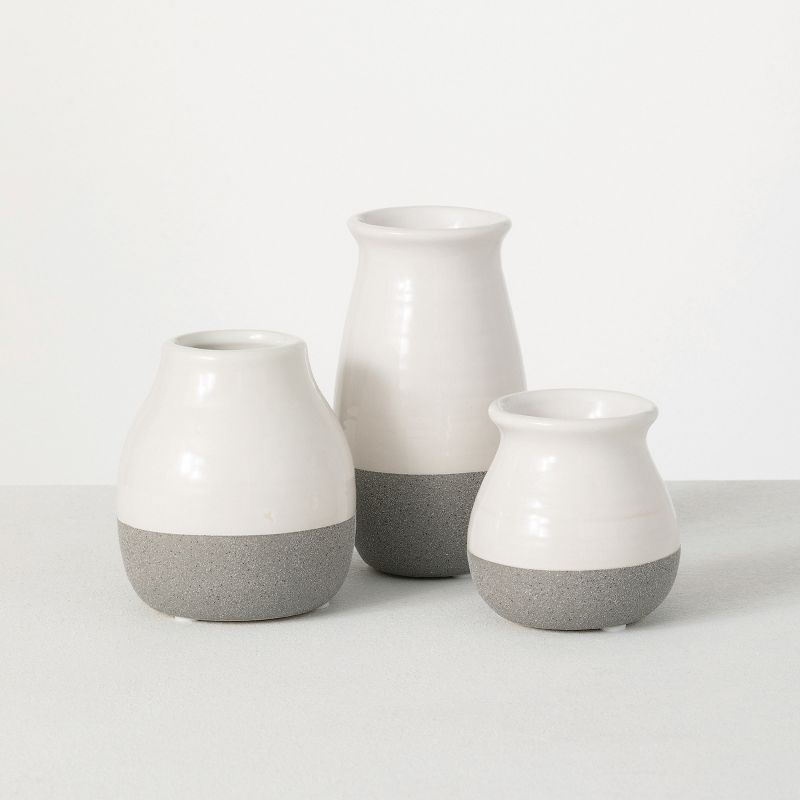 Sullivans Set of 3 Petite Ceramic Vases 3"H, 4.5"H & 5.5"H Gray and White